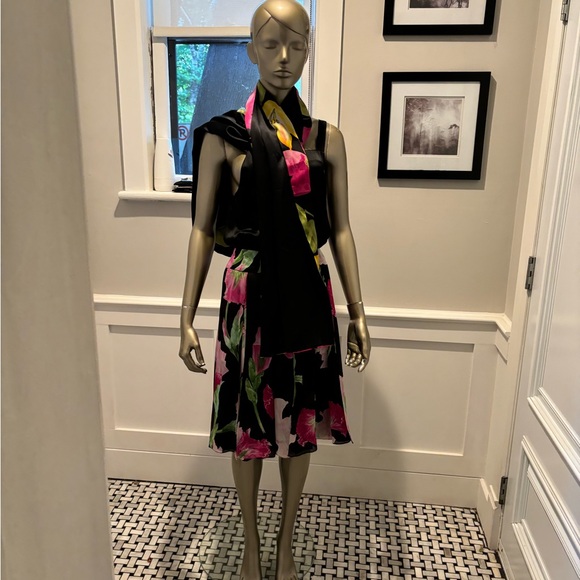 Carmen Marc Valvo 100% Silk Elegant Layered Flowy Black Top Floral Skirt 8 30” - Picture 9 of 16